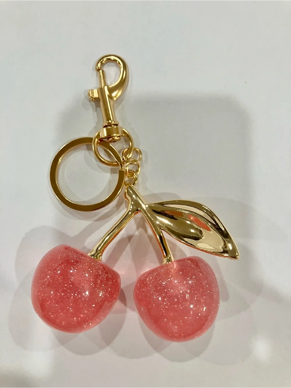 Gold Cherry Keychain with Pink Glitter Cherries